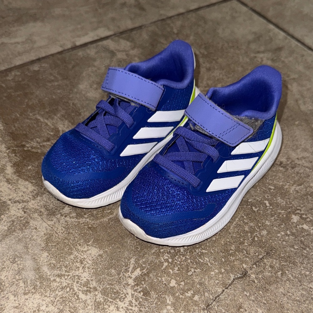 adidas Kids Blue Sneakers with White Stripes and Neon Yellow Accent